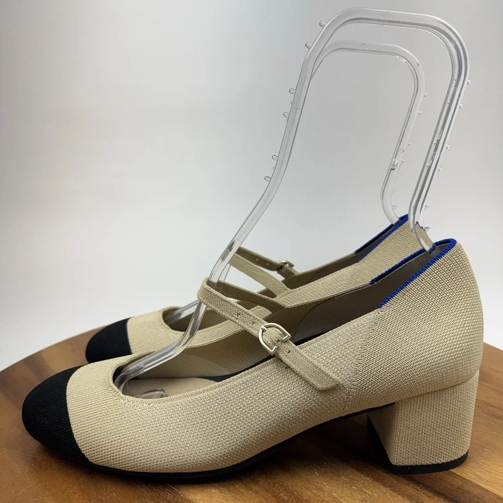 New NWOB Womens Rothys The Mary Jane Beige Knit Cap Toe Block Heels Size 10.5 M